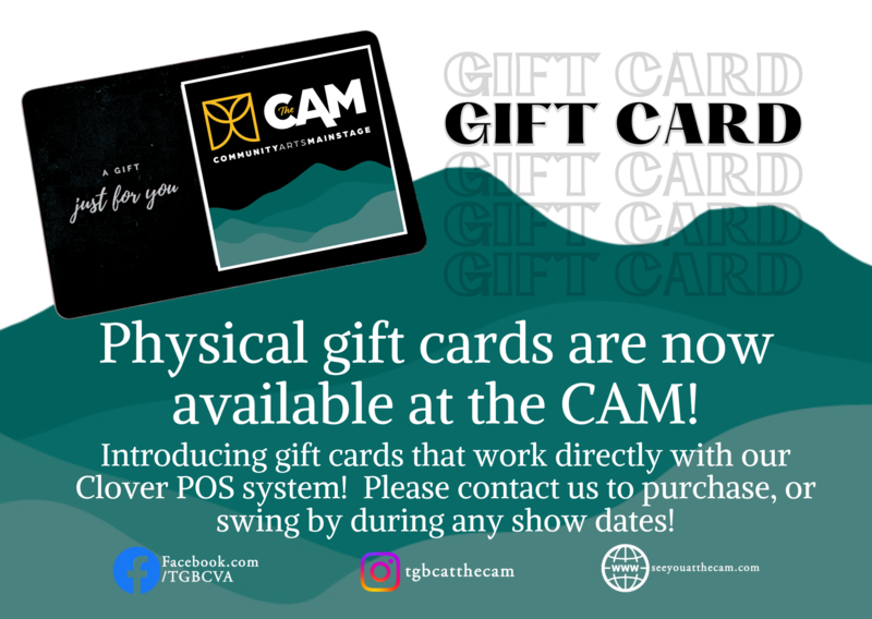 Promotional image announcing physical gift cards available at CAM, featuring a gift card design and details about purchasing options.